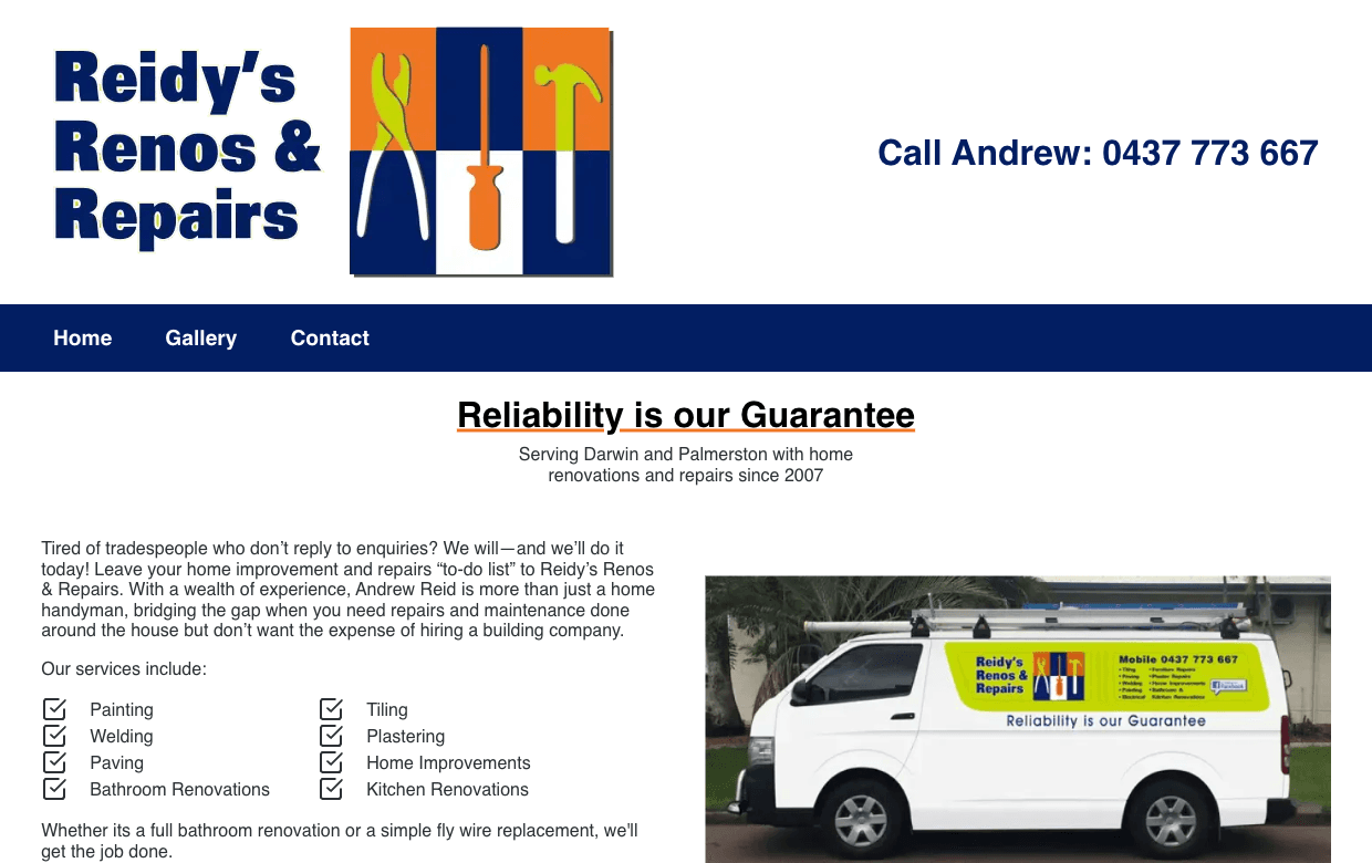 Reidys Renos and Repairs webpage screenshot